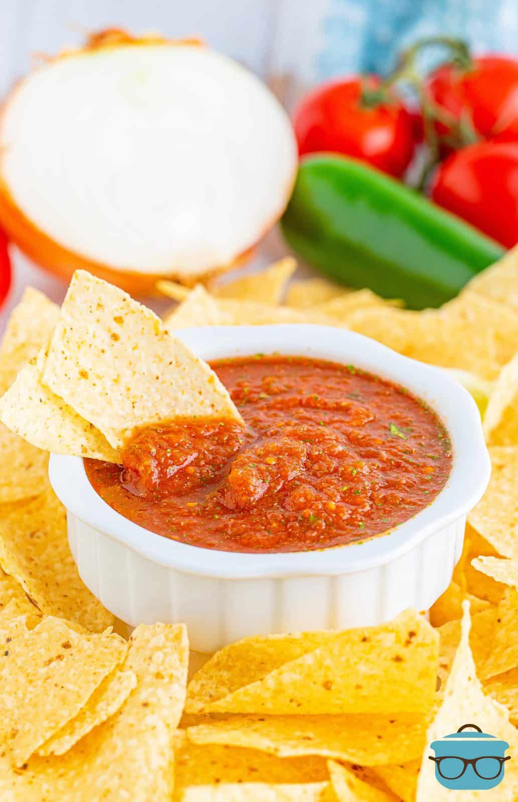 Blender Salsa in white bowl with two chips in bowl.