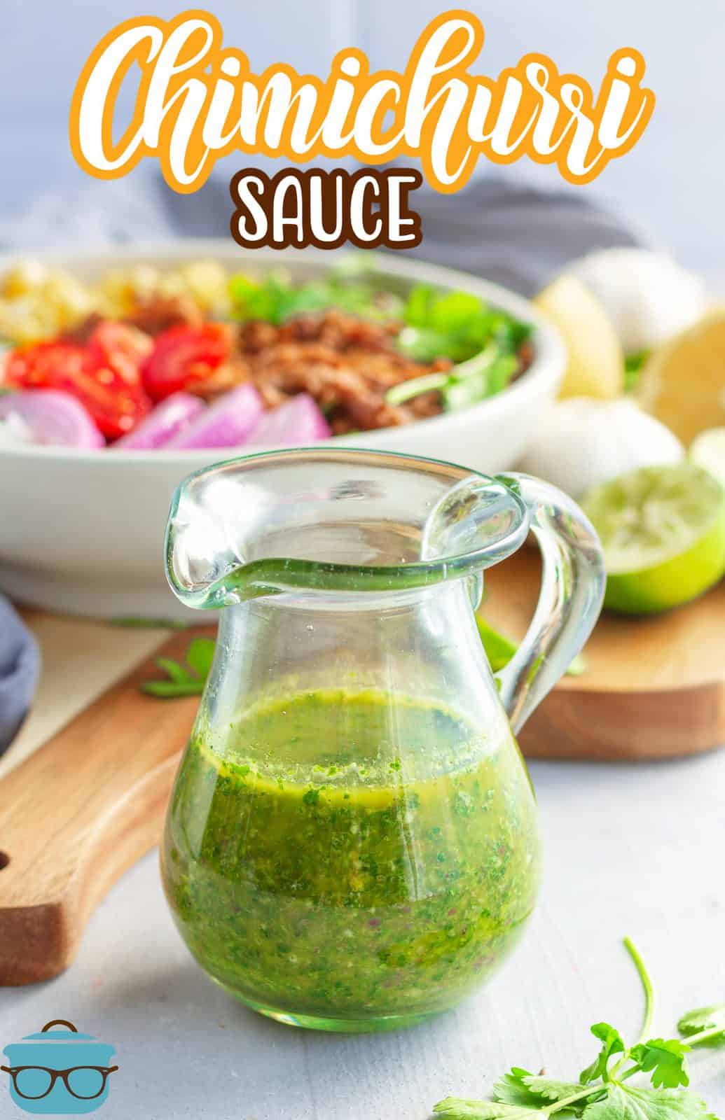 Pinterest image of pourable glass jar with Chimichurri Sauce.