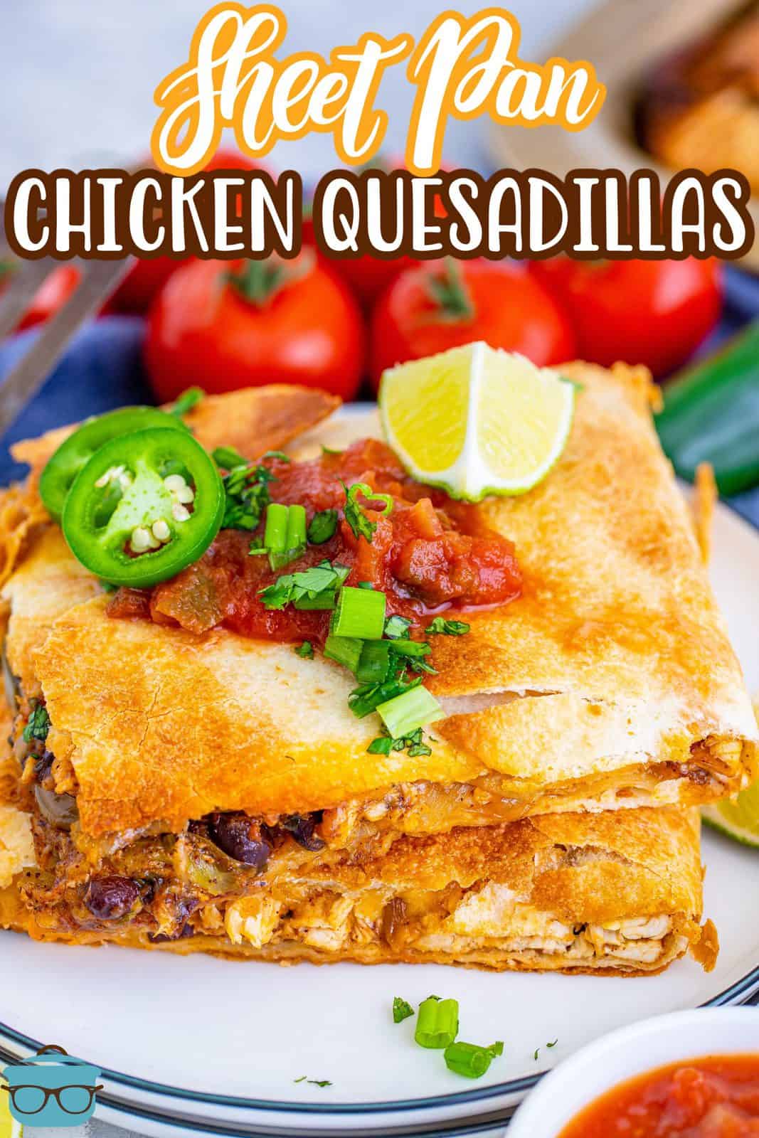 Immagine Pinterest di Quesadillas di pollo in padella impilati su un piatto bianco con condimenti.