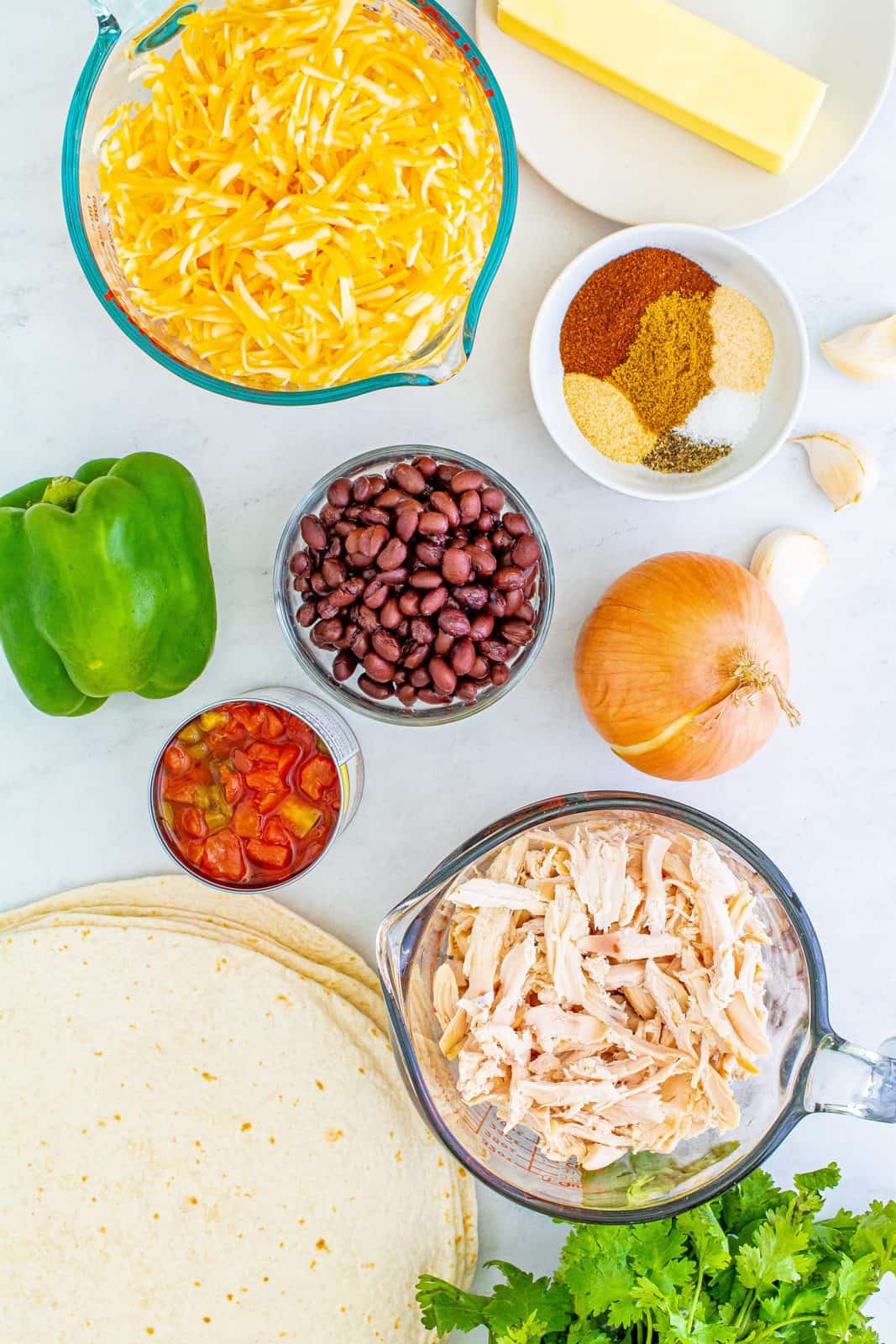 Ingredients needed: unsalted butter, onion, green bell pepper, garlic, chili powder, ground cumin, garlic powder, onion powder, kosher salt, pepper, chicken, black beans, rotel, cilantro, tortillas, colby jack cheese and your favorite toppings.