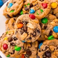 Close up of stacked Trail Mix Cookies showing ingredients.