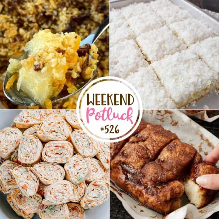 Weekend Potluck featured recipes: Farmhouse Pineapple Casserole, Dollywood Cinnamon Bread, Veggie Rollups, Coconut Texas Sheet Cake