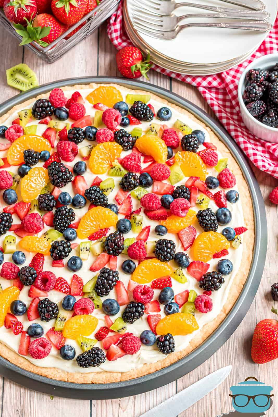Overhead of decorated Homemade Fruit Pizza in pan.