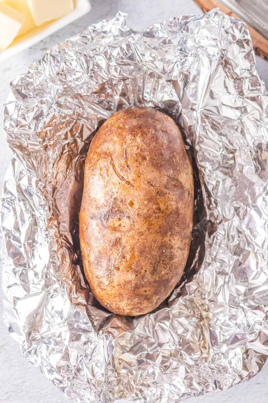 Finished potato unwrapped in foil.