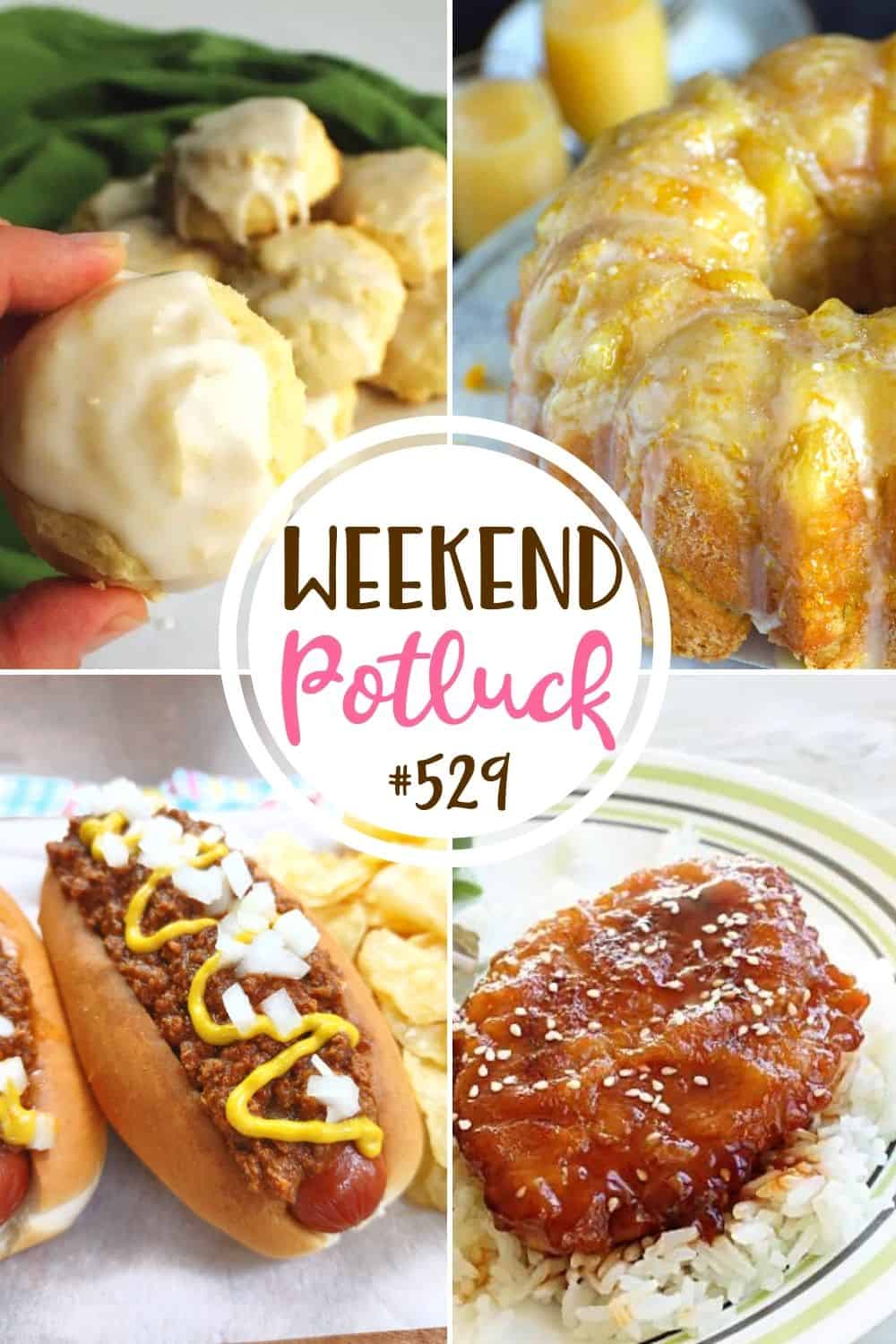 Weekend Potluck featured recipes include: Super Soft Lemon Cookies, Honey Sesame Pork, Mimosa Monkey Bread, and the Best Hot Dog Chili.