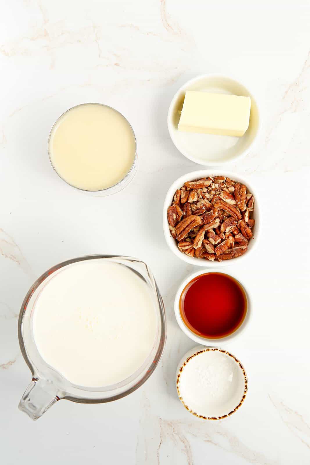 Ingredients needed: heavy cream, sweetened condensed milk, vanilla extract, unsalted butter, pecans and sea salt.