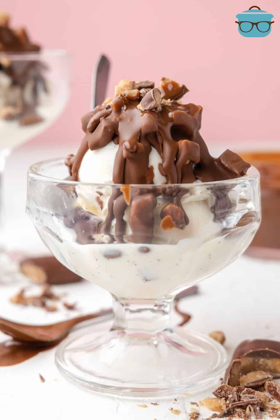 Heath Bar Magic Shell poured over ice cream in parfait cup.