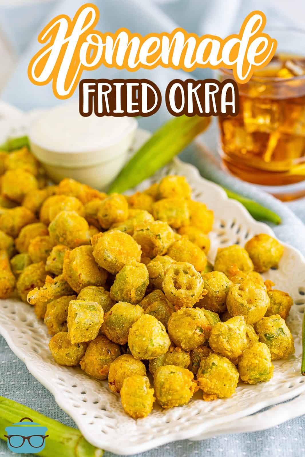 Pinterest image of Fried Okra on white platter with dipping sauce.