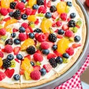 Square image of Homemade Fruit Pizza showing fruit topping on pan.