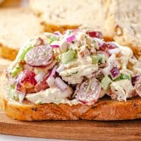 Square image close up of Grape Chicken Salad on bread.