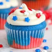 Square image of one of the Red, White and Blue Cupcakes garnished.