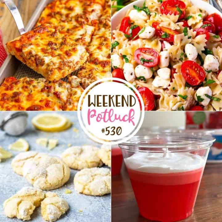 Weekend Potluck featured recipes: Lemon Crinkle Cookies, Sheet Pan Pizza, Caprese Pasta Salad, Copycat Jell-O 1-2-3 Layered Dessert