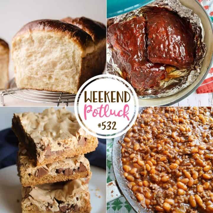 Weekend Potluck featured recipes: Condensed Milk Bread, Dutch Oven Ribs, Paula's Mud Hen Bars and Cowboy Beans.