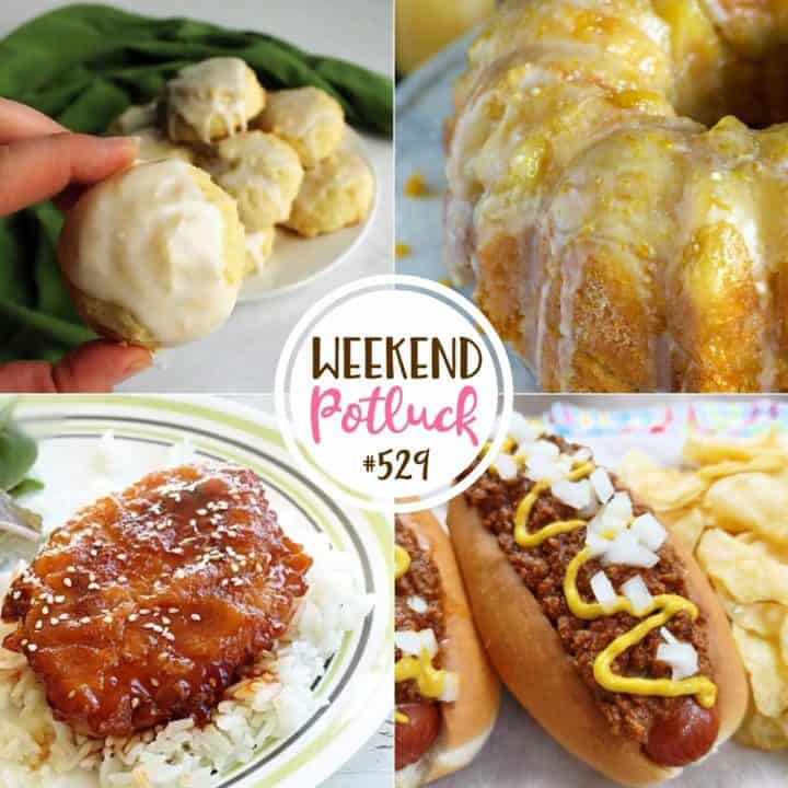 Weekend Potluck featured recipes include: Super Soft Lemon Cookies, Honey Sesame Pork, Mimosa Monkey Bread, and the Best Hot Dog Chili.