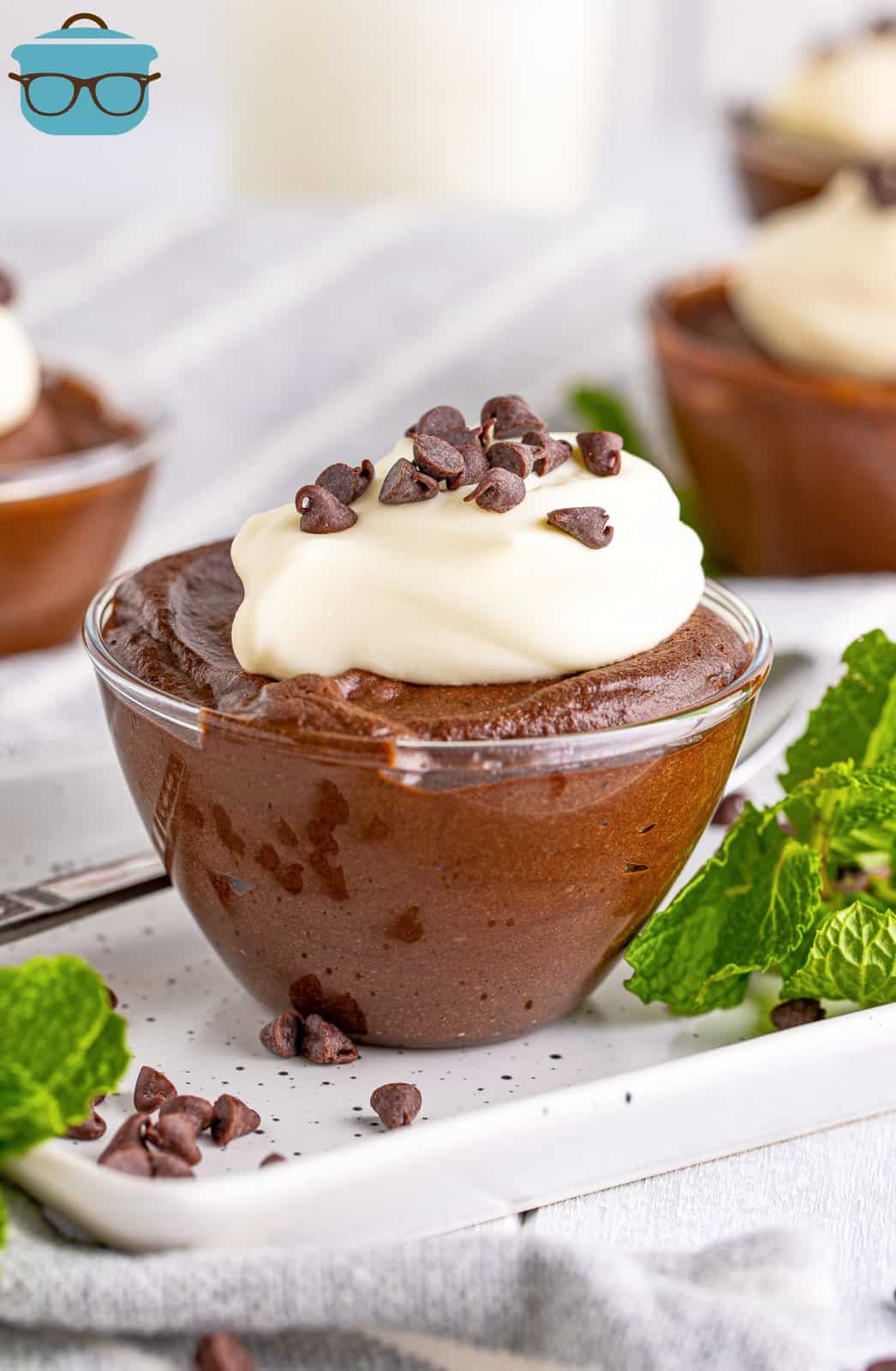 Easy Chocolate Mousse in bowl topped with whipped cream and chocolate chips.