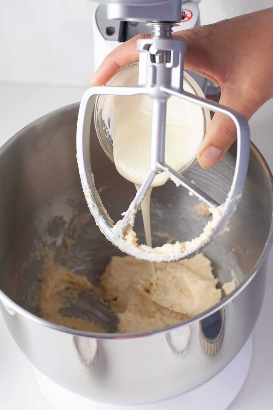 White chocolate added to stand mixer.