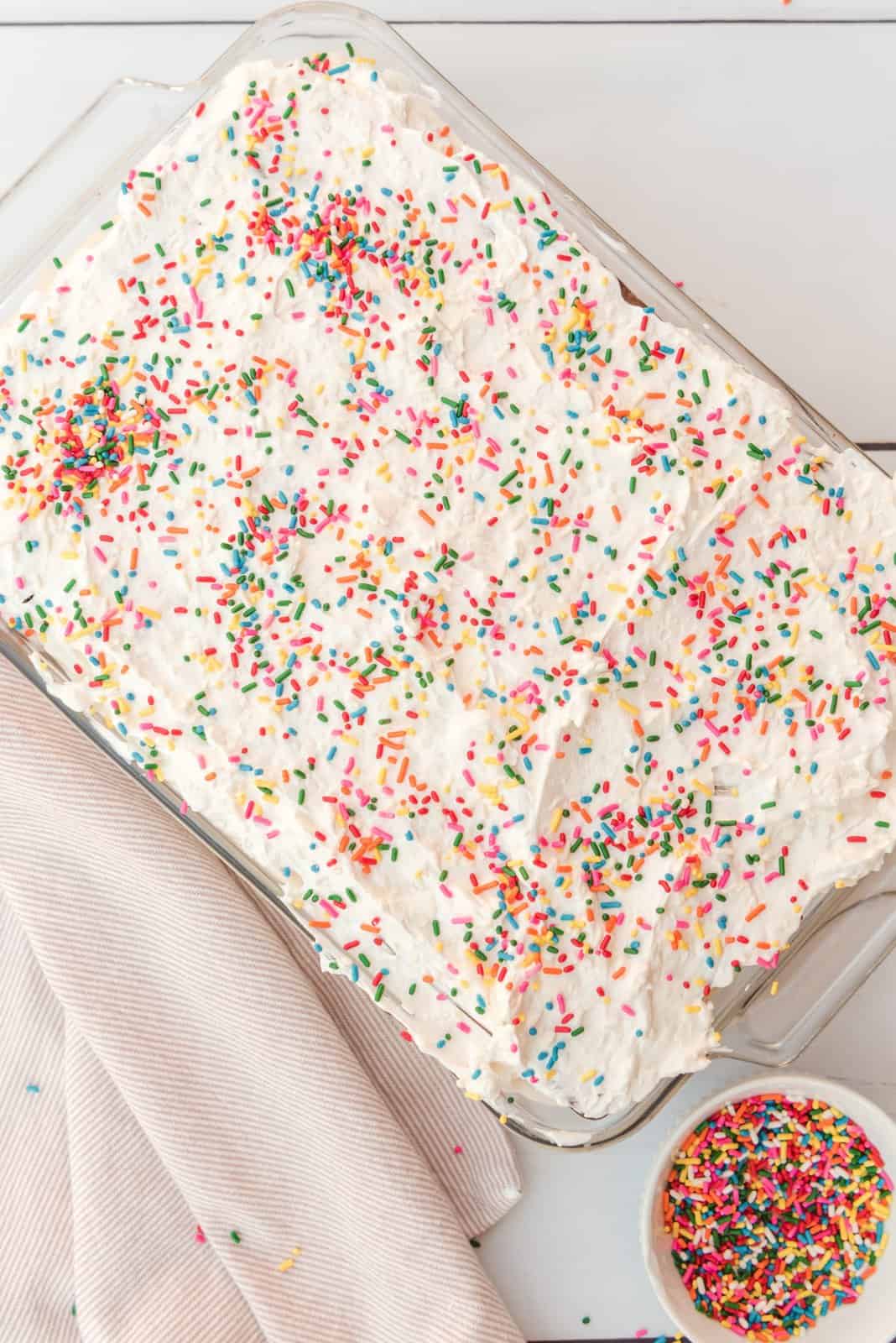 Finished cake with sprinkles added to the top.