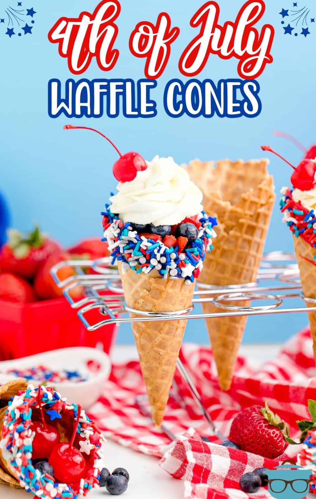 Pinterest image of 4th of July Waffle Cones in cone holder, decorated.