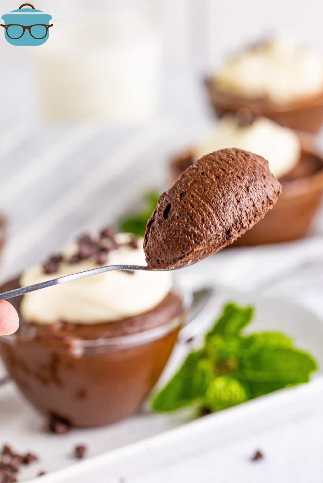 Spoon holding up some of the Easy Chocolate Mousse.