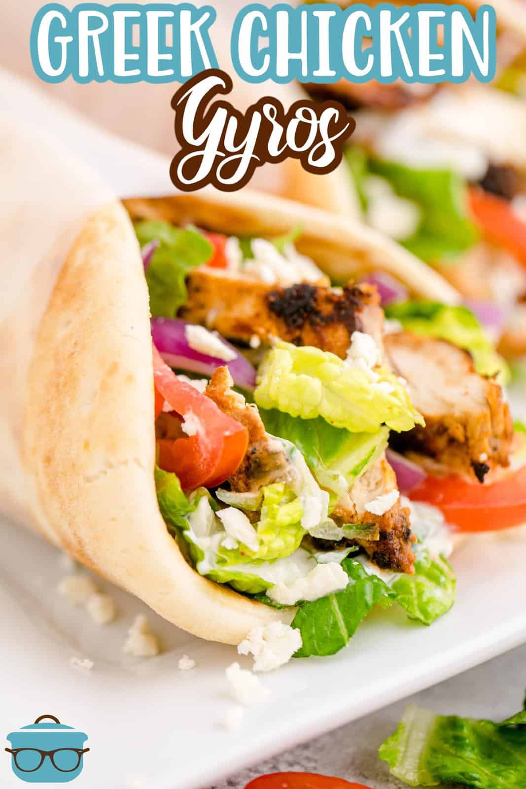 closeup photo of a Greek chicken gyro with pita bread wrap on a round white plate. 