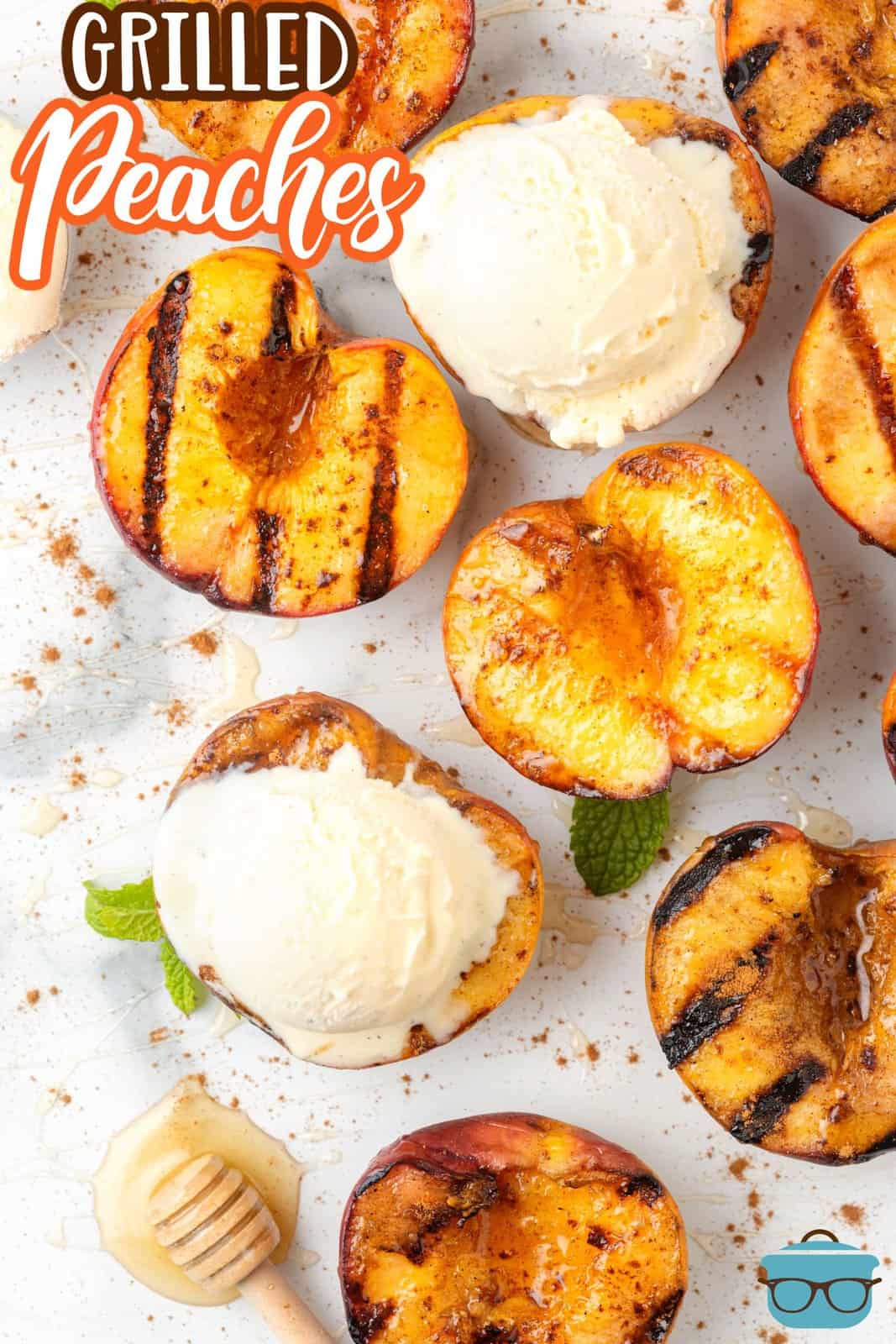 Pinterest image overhead of Grilled Peaches with some with a scoop of ice cream.