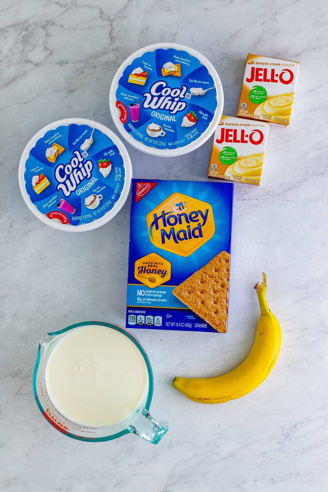 Ingredients needed: nstant banana cream pudding mix, cold milk, whipped topping, graham crackers and fresh banana slices for garnish.