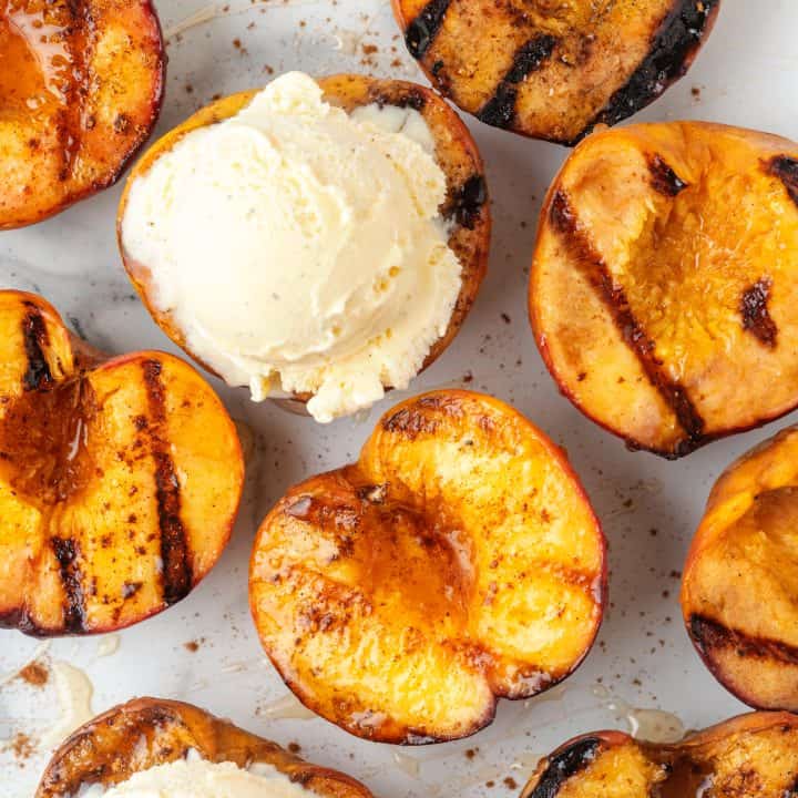 Square image of Grilled Peaches drizzle with honey and cinnamon and one with a scoop of ice cream.