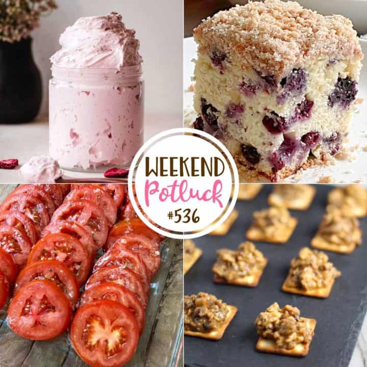Weekend Potluck featured recipes: Strawberry Marshmallow Fluff, Hanky Panky Appetizer, Marinated Tomatoes and Blueberry Buckle Coffee Cake!