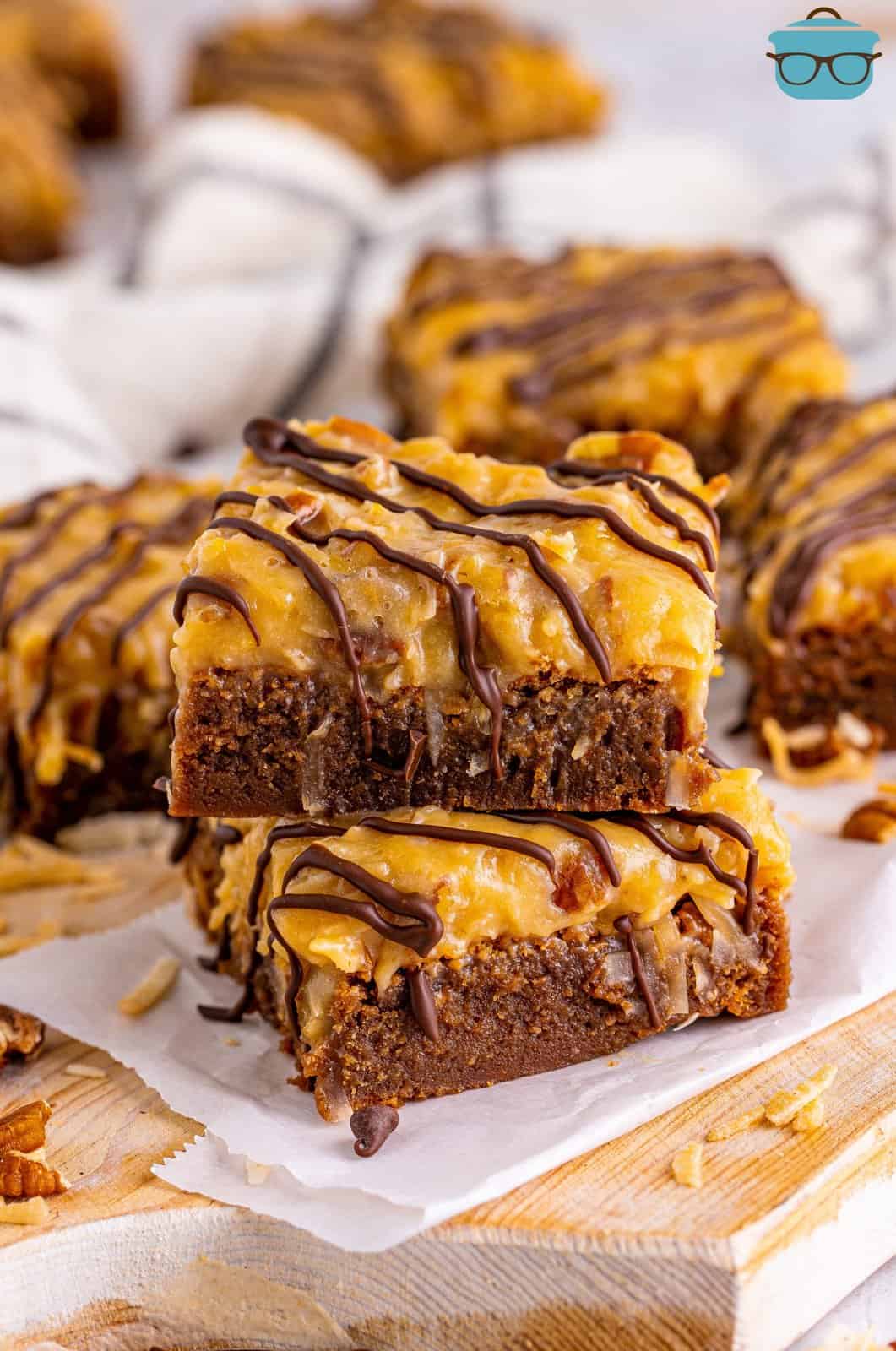 Two German Chocolate Brownies stacked on top of one another.