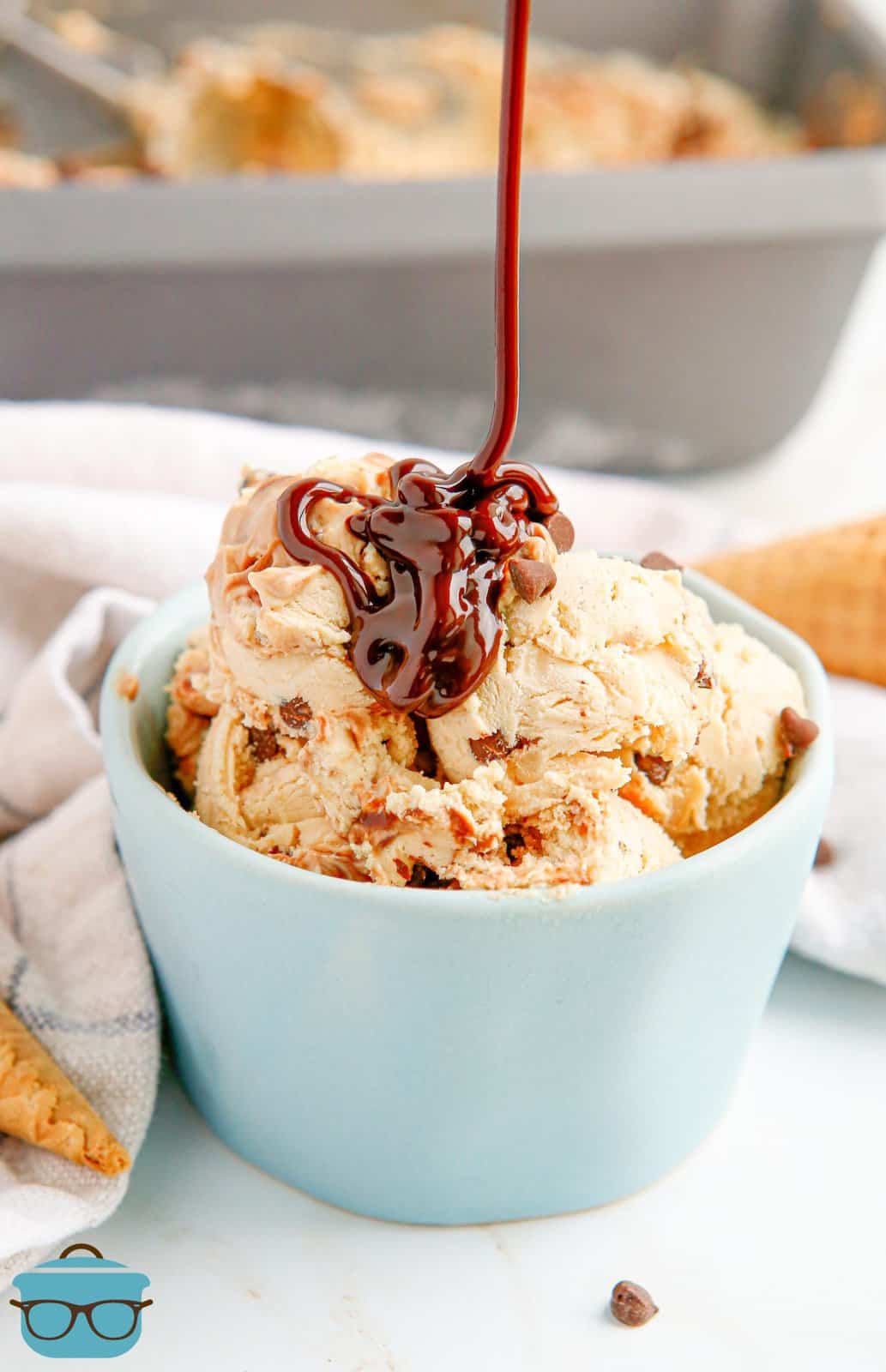 No-Churn Peanut Butter Chocolate Chip Ice Cream in bowl with chocolate being drizzled on top.