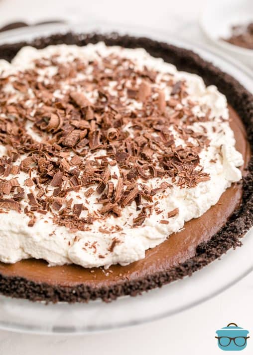Finished Chocolate Cream Pie topped with chocolate shavings.