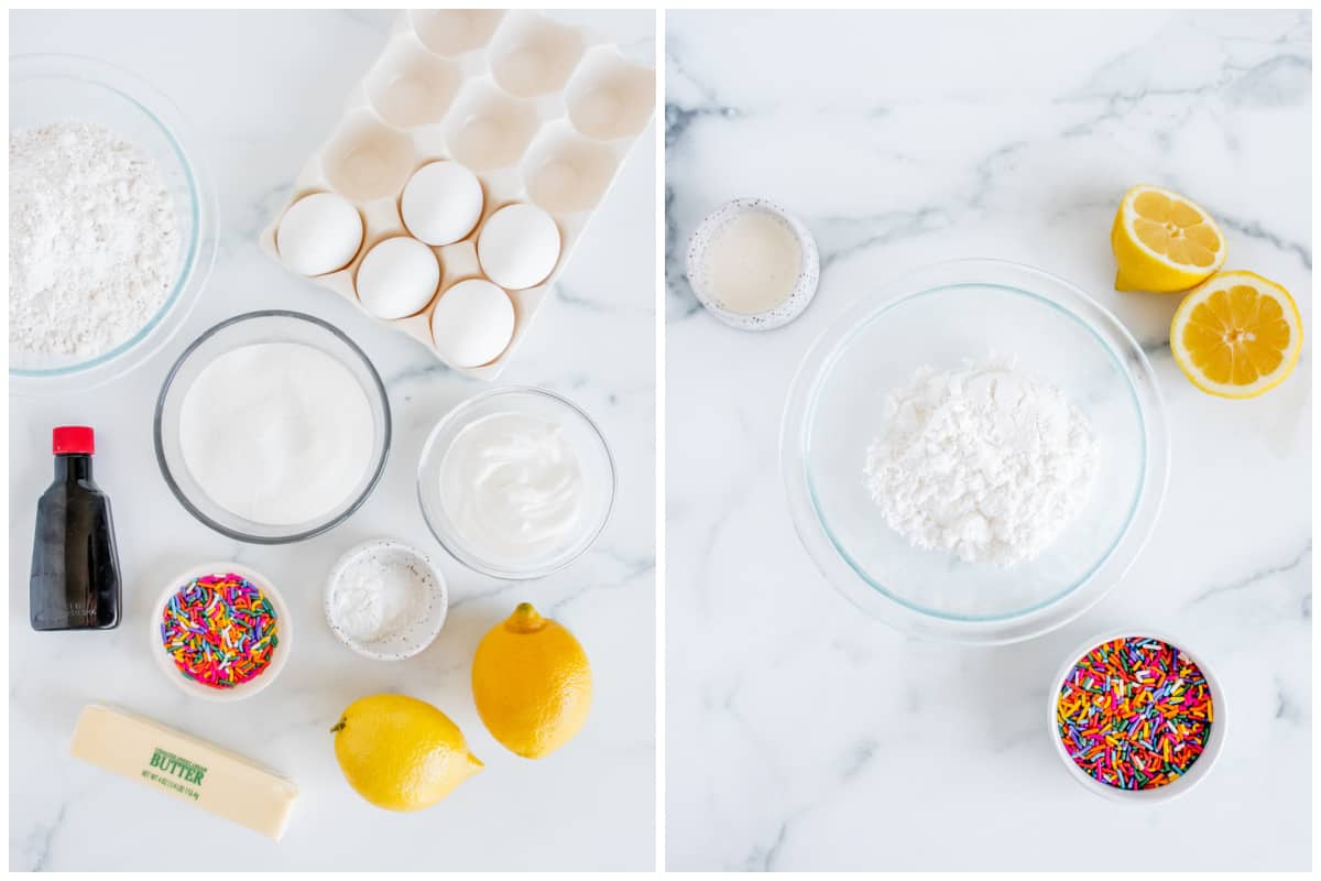 Ingredients needed: cake flour, baking powder, salt, lemon zest, unsalted butter, granulated sugar, eggs, almond extract, sour cream, lemon juice, colorful sprinkles, powdered sugar and heavy whipping cream.