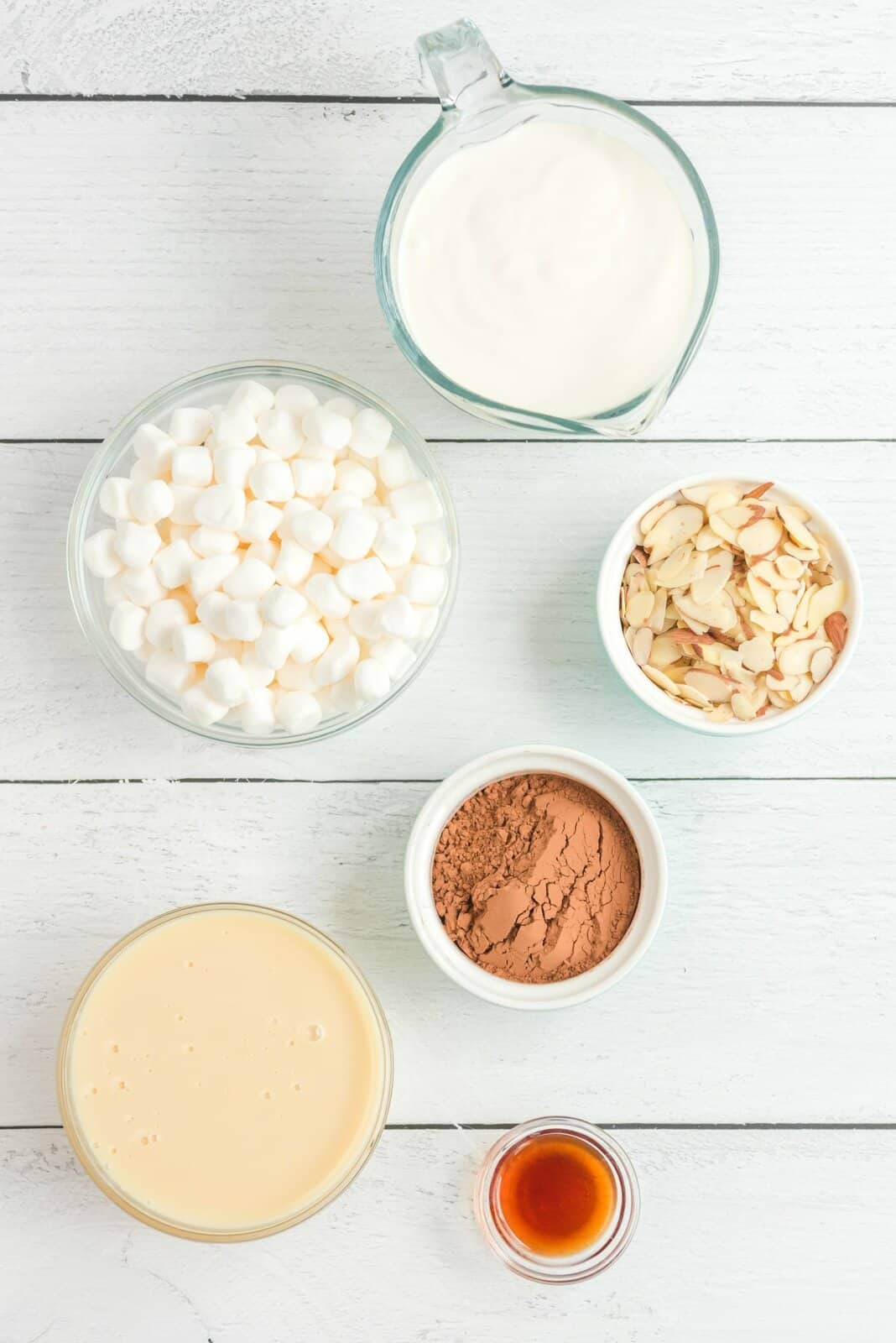 Ingredients needed: heavy whipping cream, sweetened condensed milk, pure vanilla extract, cocoa powder, mini marshmallows and sliced ​​almonds.