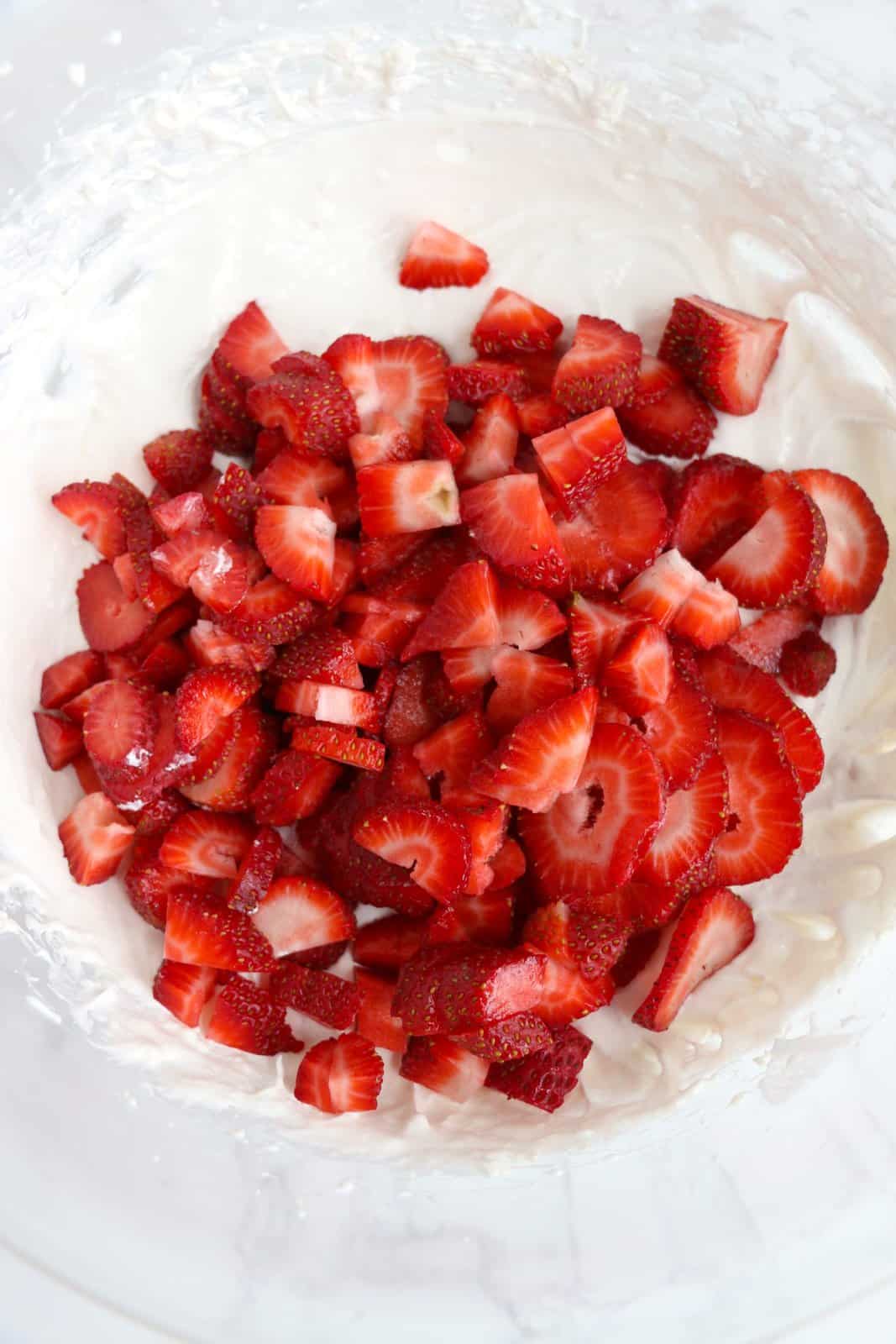 Strawberries added to cheesecake mixture.