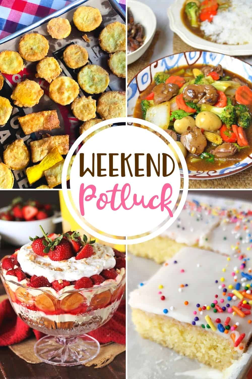 Weekend Potluck featured recipes include: Crispy Fried Squash, Strawberry Pudding, Saucy Chop Suey and Yellow Texas Sheet Cake.