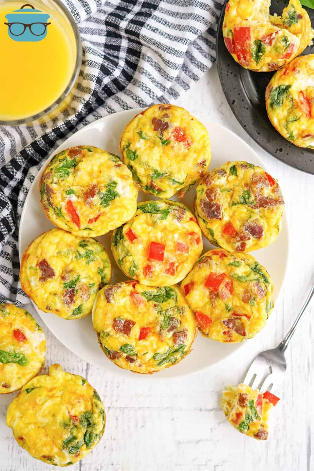 Overhead of white plate with Breakfast Egg Muffins.