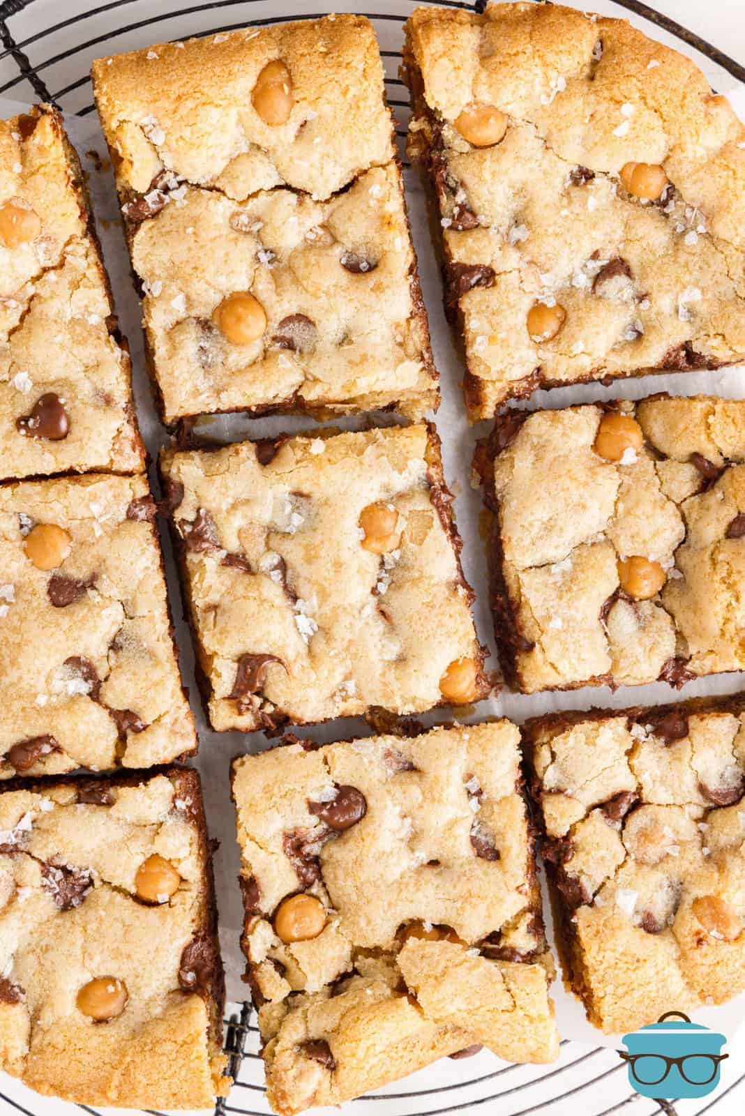 Overhead of cut Salted Caramel Chocolate Chip Cookie Bars.