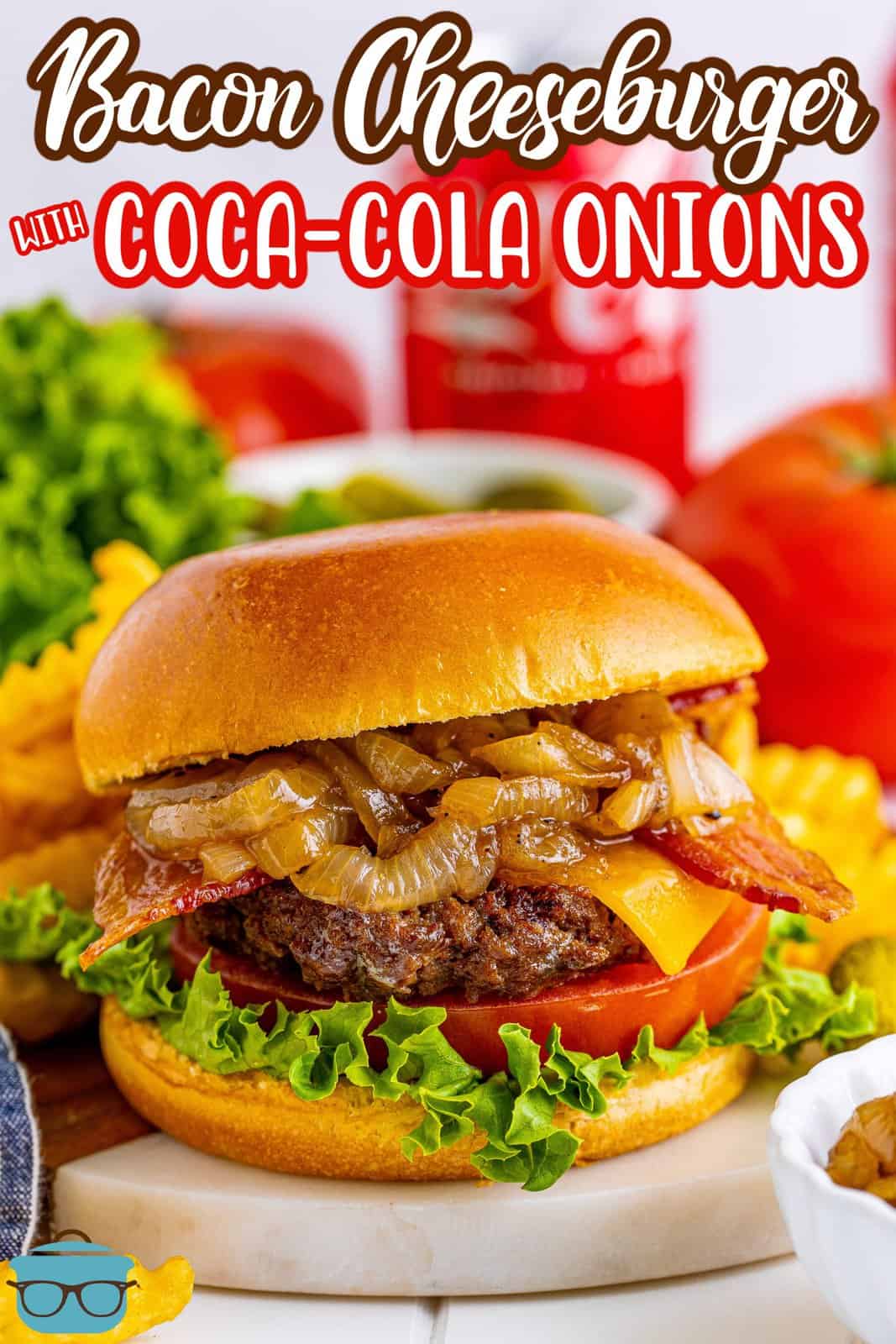 Pinterest image close up of Grilled Bacon Cheeseburgers with Coca Cola Onions on marble platter.