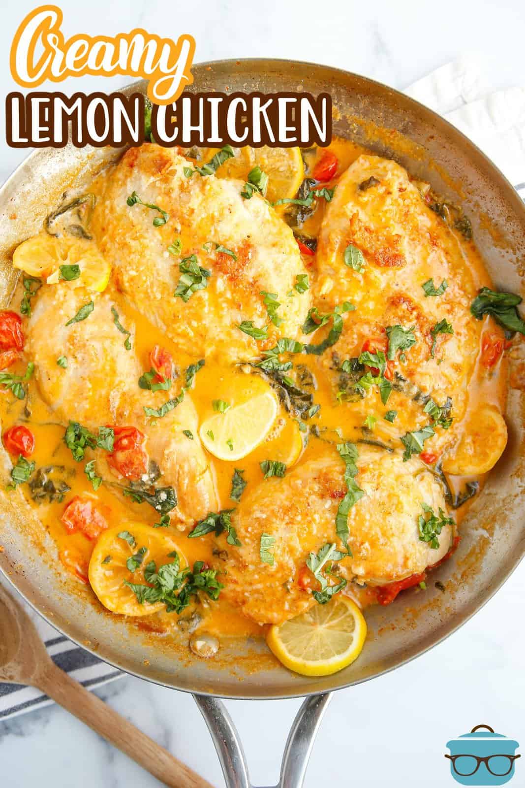 Pinterest image overhead of finished Creamy Lemon Chicken Skillet in pan.