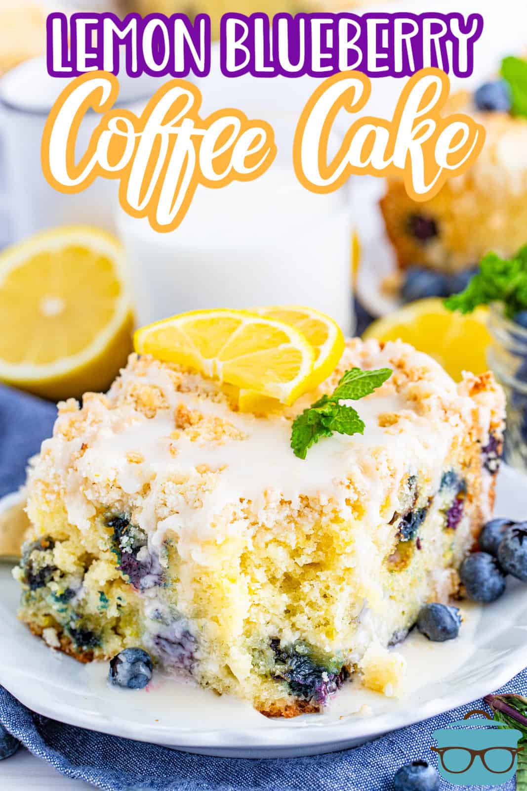 Pinterest image of slice of Lemon Blueberry Coffee Cake on plate with bite taken out.