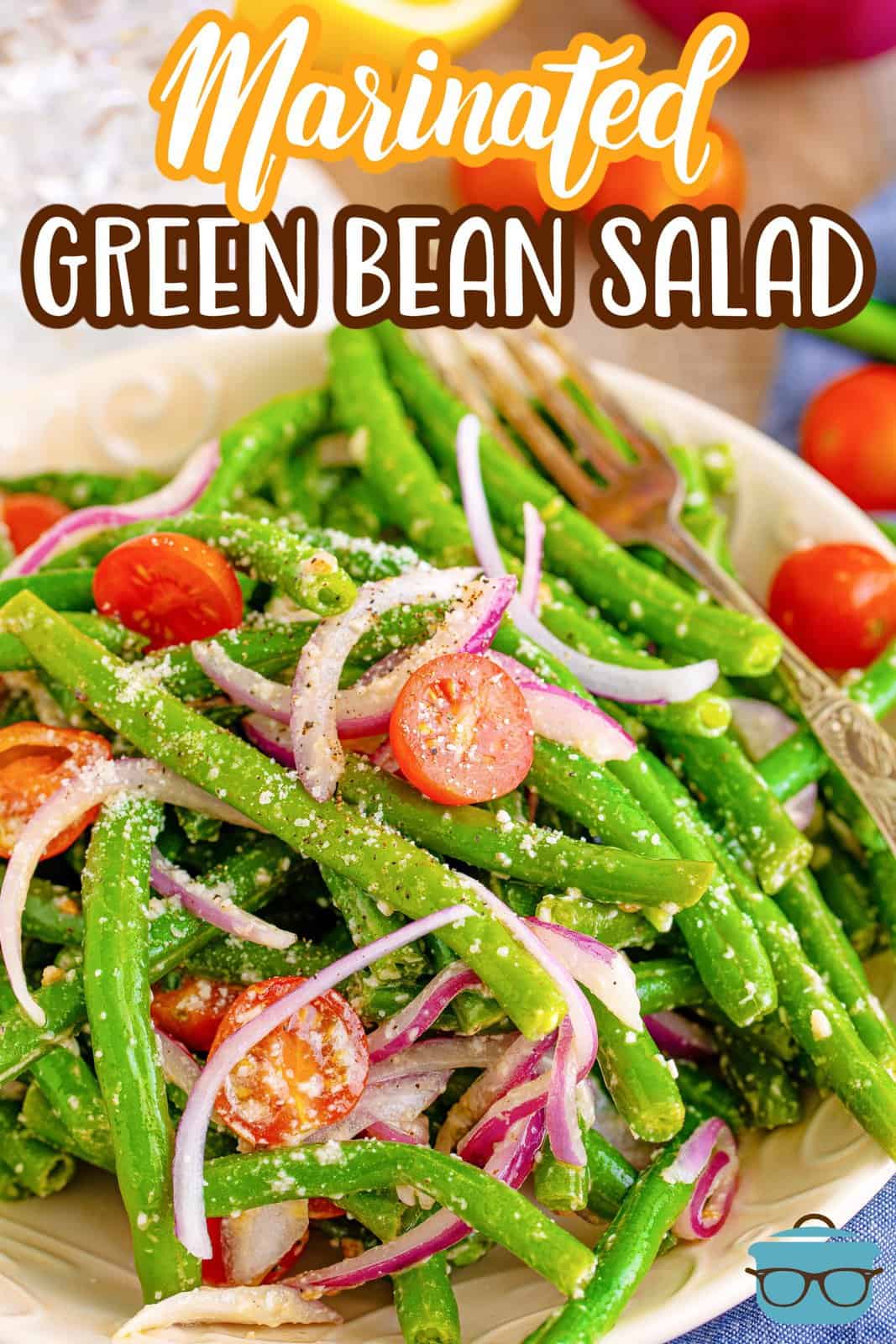 Pinterest image overhead of Marinated Green Bean Salad in bowl.