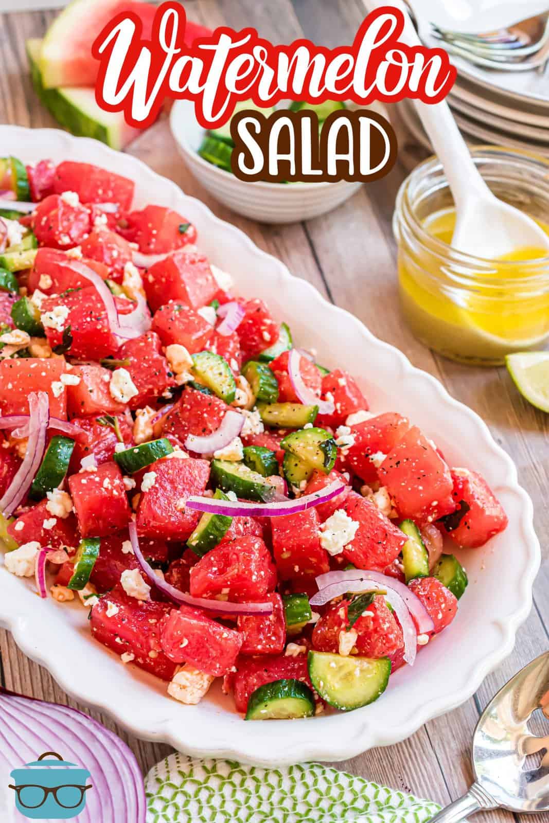 Pinterest image of side of serving dish with Watermelon Salad.
