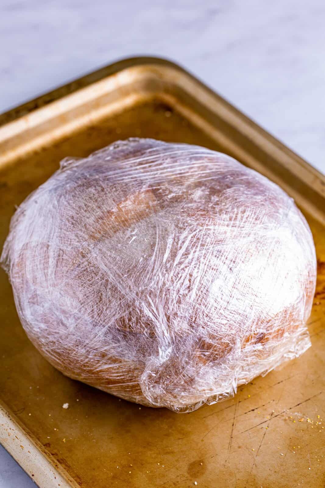Sandwich wrapped up tightly in plastic wrap.