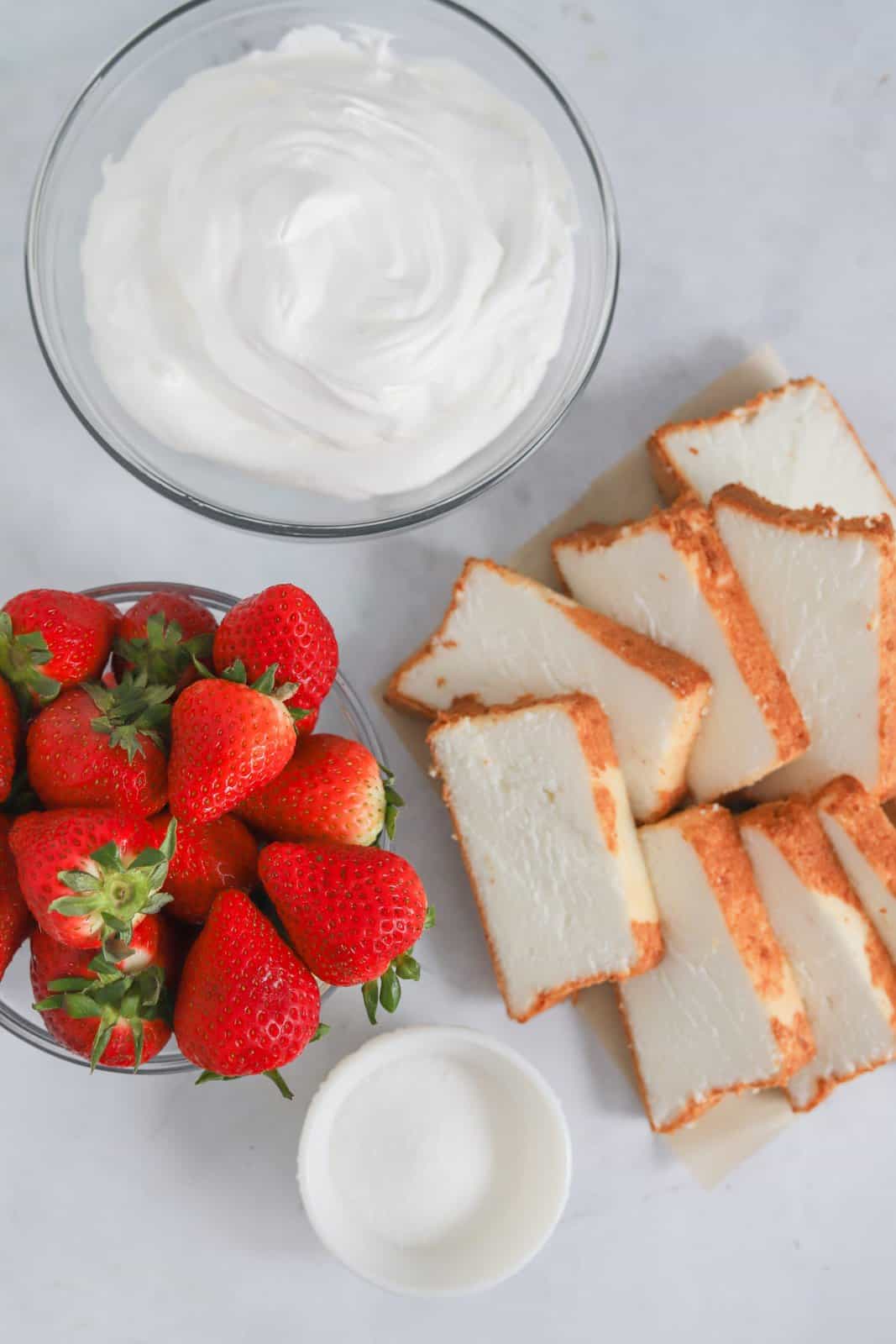 Ingredients needed: strawberries, granulated sugar, whipped cream and angel food cake.