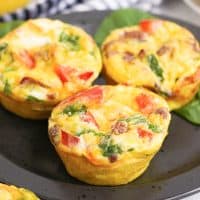 Close up square image of Breakfast Egg Muffins on black plate.