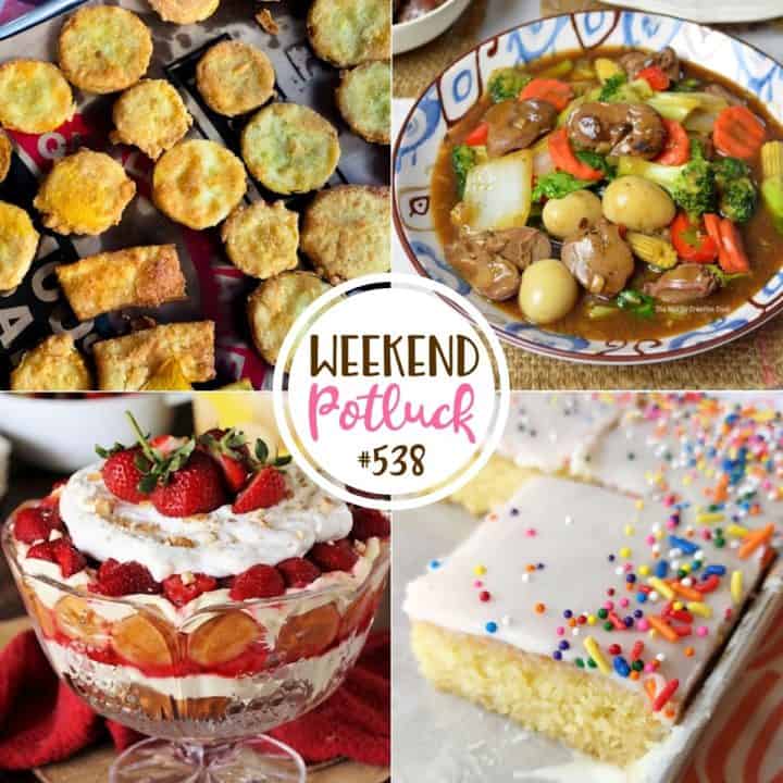 Weekend Potluck featured recipes include: Crispy Fried Squash, Strawberry Pudding, Saucy Chop Suey and Yellow Texas Sheet Cake.