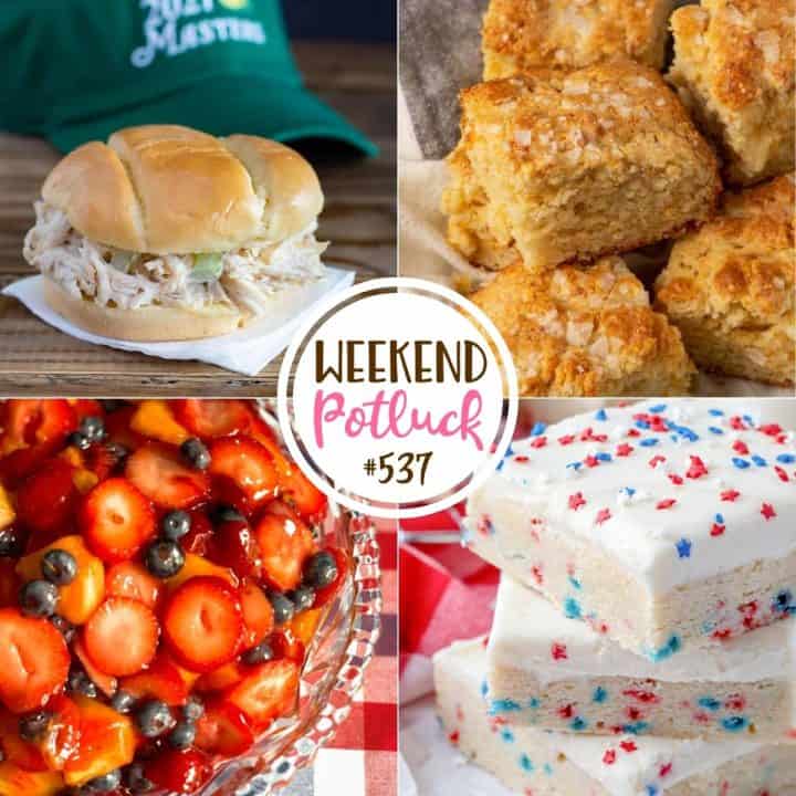 Weekend Potluck featured recipes: Masters Chicken Salad Sandwich, Stain Glass Fruit Salad, Buttermilk Cornbread Biscuits and Patriotic Sugar Cookie Bars.