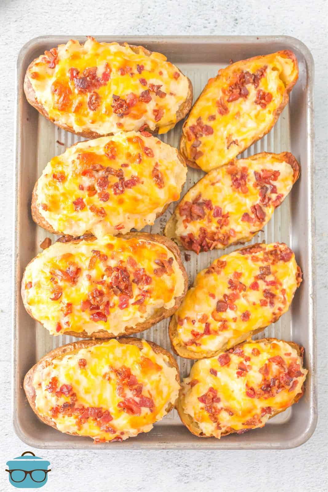 Grilled Twice Baked Potatoes on metal tray.