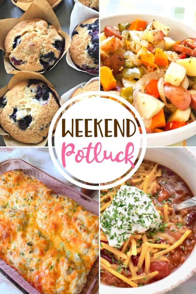 Weekend Potluck featured recipes: Bob Evans Copycat Sausage Gravy Biscuit Casserole, Kris' Sausage Potato Bake, Campfire Chili and Blueberry Muffin recipe.