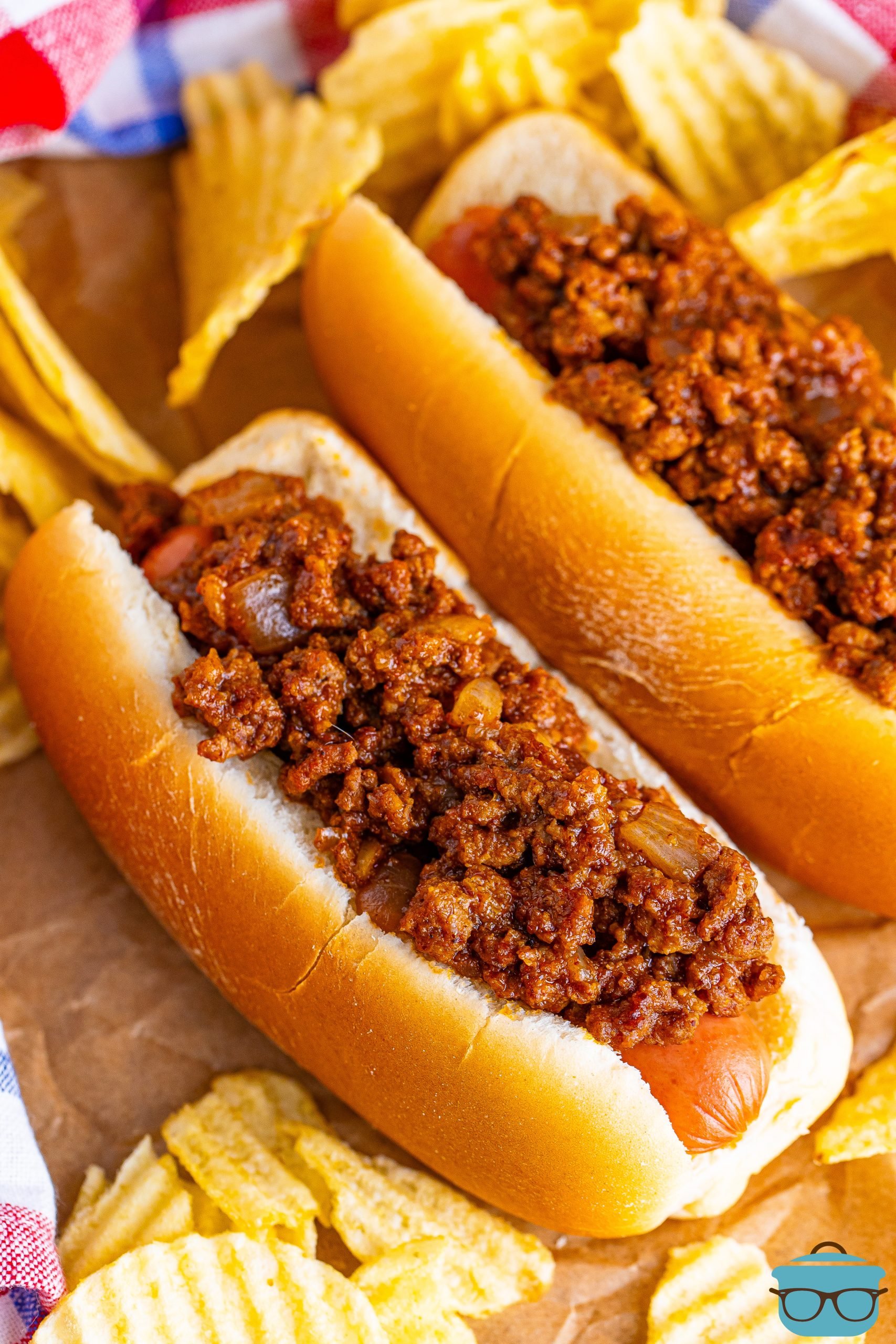 Looking down on two hot dogs with homemade Hot Dog Chili.